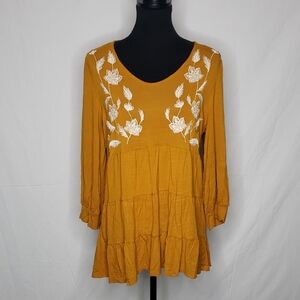 Cupio Womens Embroidered Floral Tunic Tiered Top Size L Bohemian Stretch Cruise